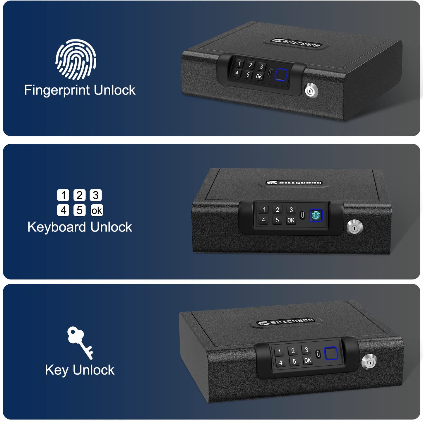 Gun Safe,Biometric Gun Safe for Pistols 3-Ways unlock Safe Fingerprint Digital PIN Key Unlock with Voice, Gun lock box for Cloakroom living room Bedroom Nightstand and Car BILLCONCH - WoodArtSupply