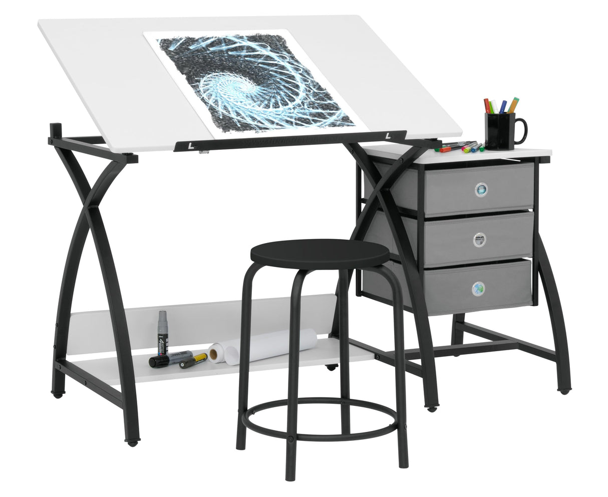 SD STUDIO DESIGNS 2 Piece Comet Center Plus, Craft Table and Matching Stool Set with Storage and Adjustable Top, Black/White, 50x23.75x29.5 inches SD STUDIO DESIGNS