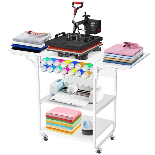 Rengue Heat Press Stand, 3 Tier Movable Heat Press Table for Heat Transfer Machine, Versatile Craft Table for Sublimation Printers with Cable Management Holes, Foldable Sides and Vinyl Rolls Holder