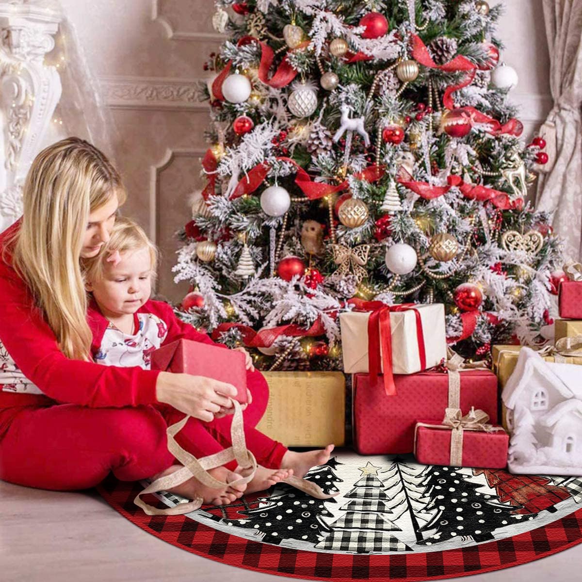 DISENB Christmas Tree Skirt 48 Inch, Red and Black Buffalo Plaid Xmas Tree Skirt, Winter Christmas Tree Mat for Home Party Holiday Indoor Outdoor Decorations DISENB