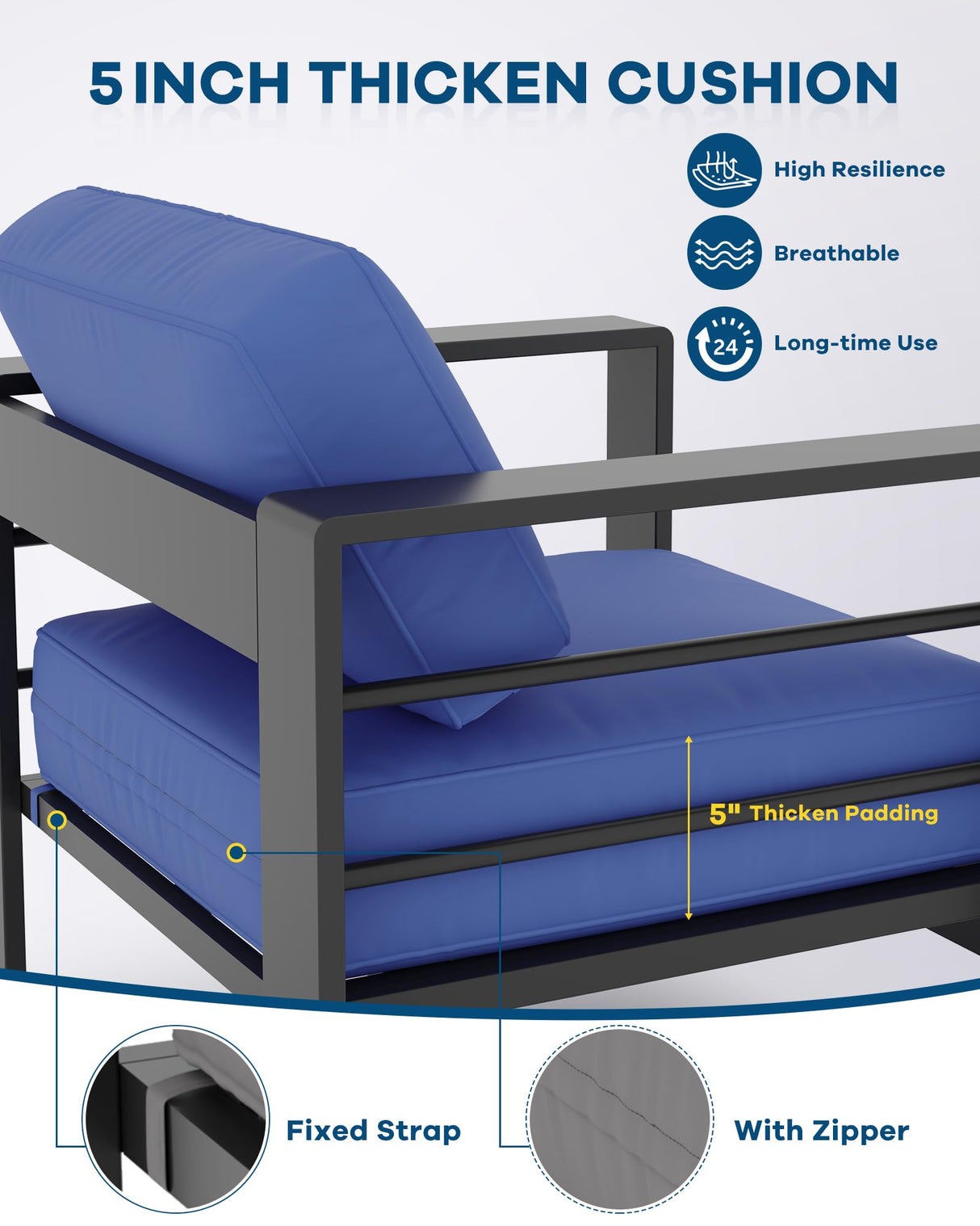 GarveeLife 5-Piece Dark Gray Aluminum Patio Furniture Set, 7-Seat Sectional Sofa with Grey Cushions (2 Singles+1 Loveseat+1 Sofa+1 Table), Outdoor Living Room Set (Blue) GarveeLife