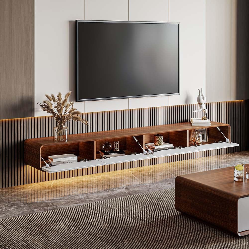 POVISON Mid Century Modern TV Stand and Coffee Table Set of 2, Minimalist Floating TV Stand 95" Modern Wall-Mounted Entertainment Center, 51" Square Wood Coffee Table, Walnut & White POVISON