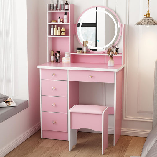 ROMSHINE Pink Vanity with Mirror and Lights, Vanity Mirror with Lights Desk and Chair, Dressing Table with Lighted Mirror in 3 Color Mode & 5 Drawers for Girls Bedroom, 15.7" D x 31.5" W x 53.1" H