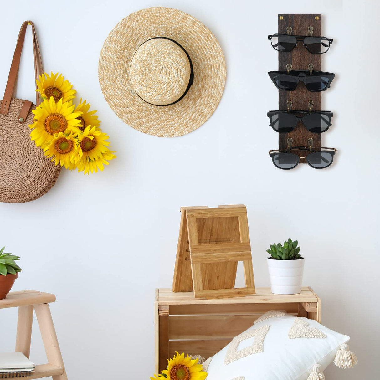 Moxweyeni Set of 2 Rustic Mounted Sunglasses Storage Organizer Wood Eyeglasses Holder Sunglass Rack Eyeglasses Display Rack with Metal Hooks Glasses Wall Decor Hanging Jewelry Organizers for Home Moxweyeni