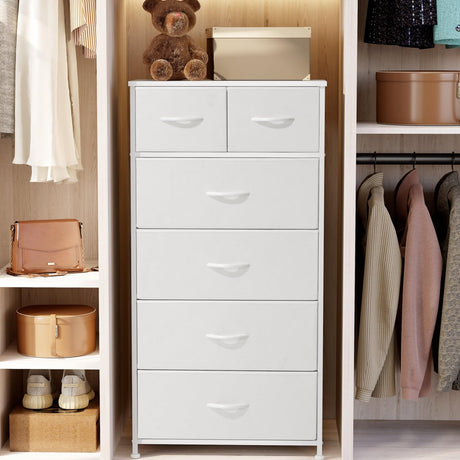 Crestlive Products Tall Dresser for Bedroom Vertical Skinny Dresser - Sturdy Steel Frame, Wood Top, Easy Pull Fabric Bins- Organizer Unit for Bedroom, Entryway, Closets - 6 Drawers (White) Crestlive Products