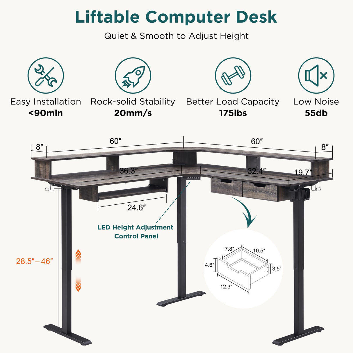 RedLemon 60 Inches L Shaped Electric Standing Desk,Height Adjustable Corner Gaming Desk with Drawers, Keyboard Tray, Power Outlets & LED Lights, Computer Desk with Monitor Shelf, Dark Rustic Oak RedLemon