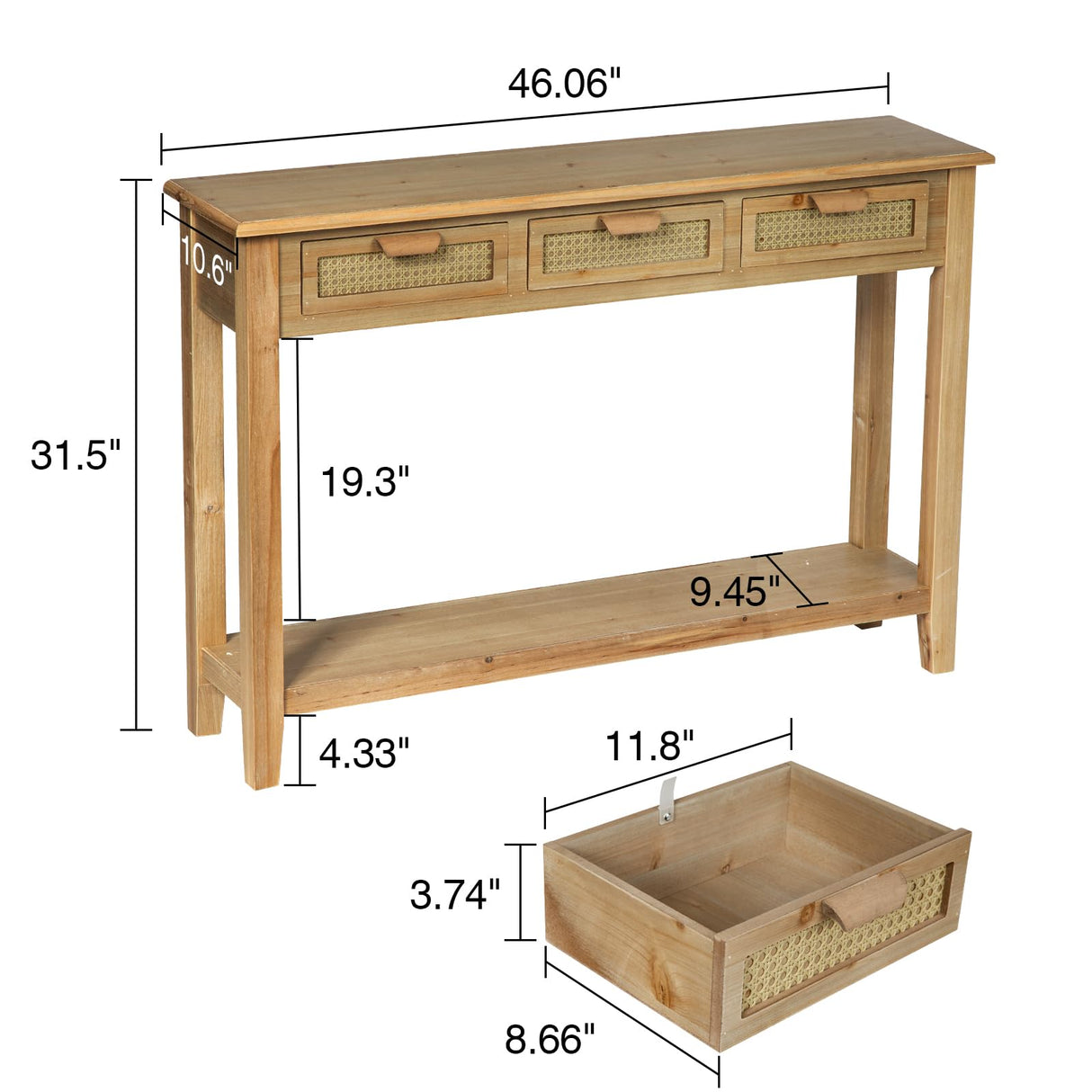Wnutrees Farmhouse Console Table with 3 Rattan Drawers, 46" Long Narrow Boho Foyer Sofa Tables with Open Storage Shelves for Entryway,Hallway,Living Wnutrees