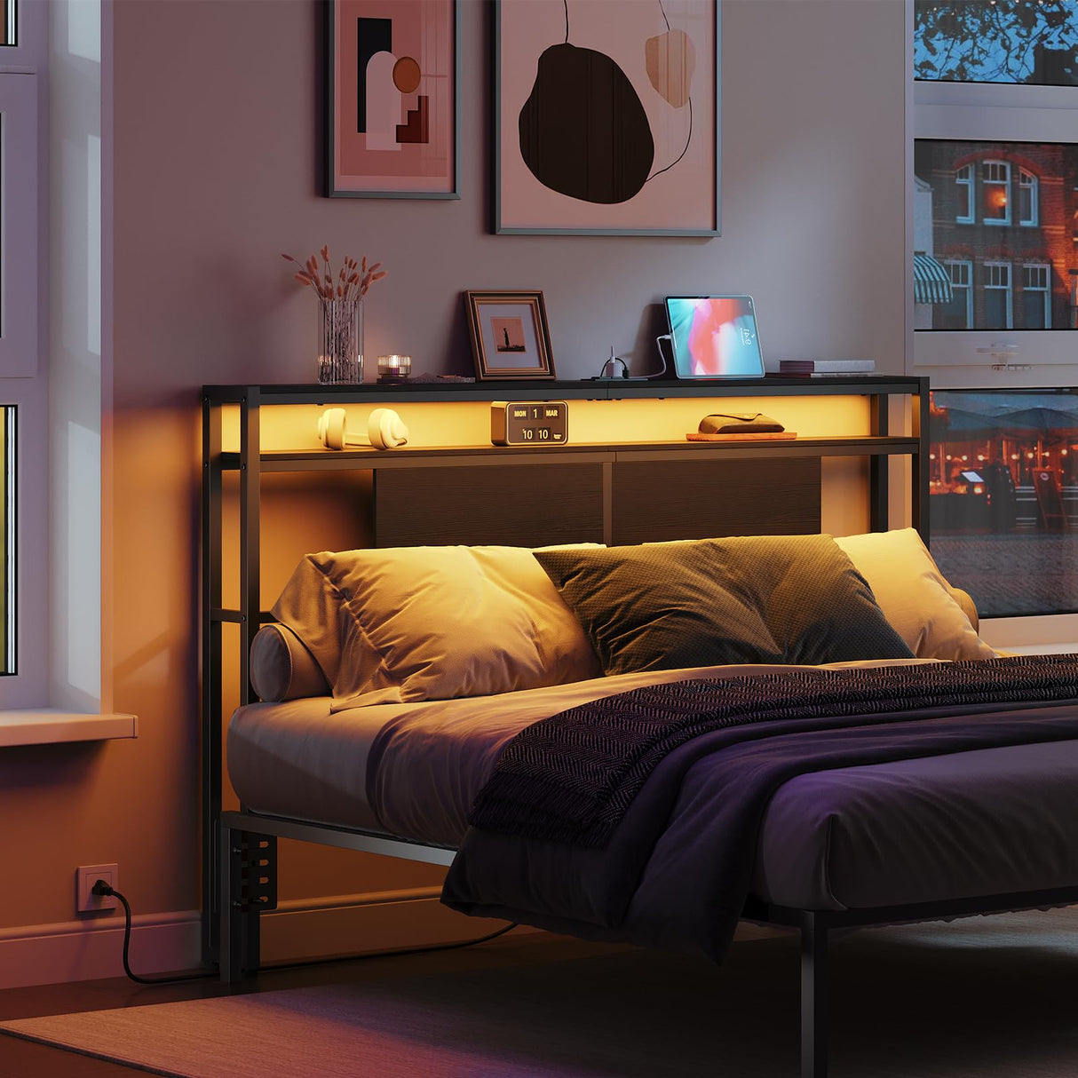 YATINEY Queen Size Headboard, Headboard with Light and Outlets, Headboard with 2 Storage Shelves, Storage Rack, Adjustable Height, Sturdy and Stable, Easy Assembly, Black YATINEY