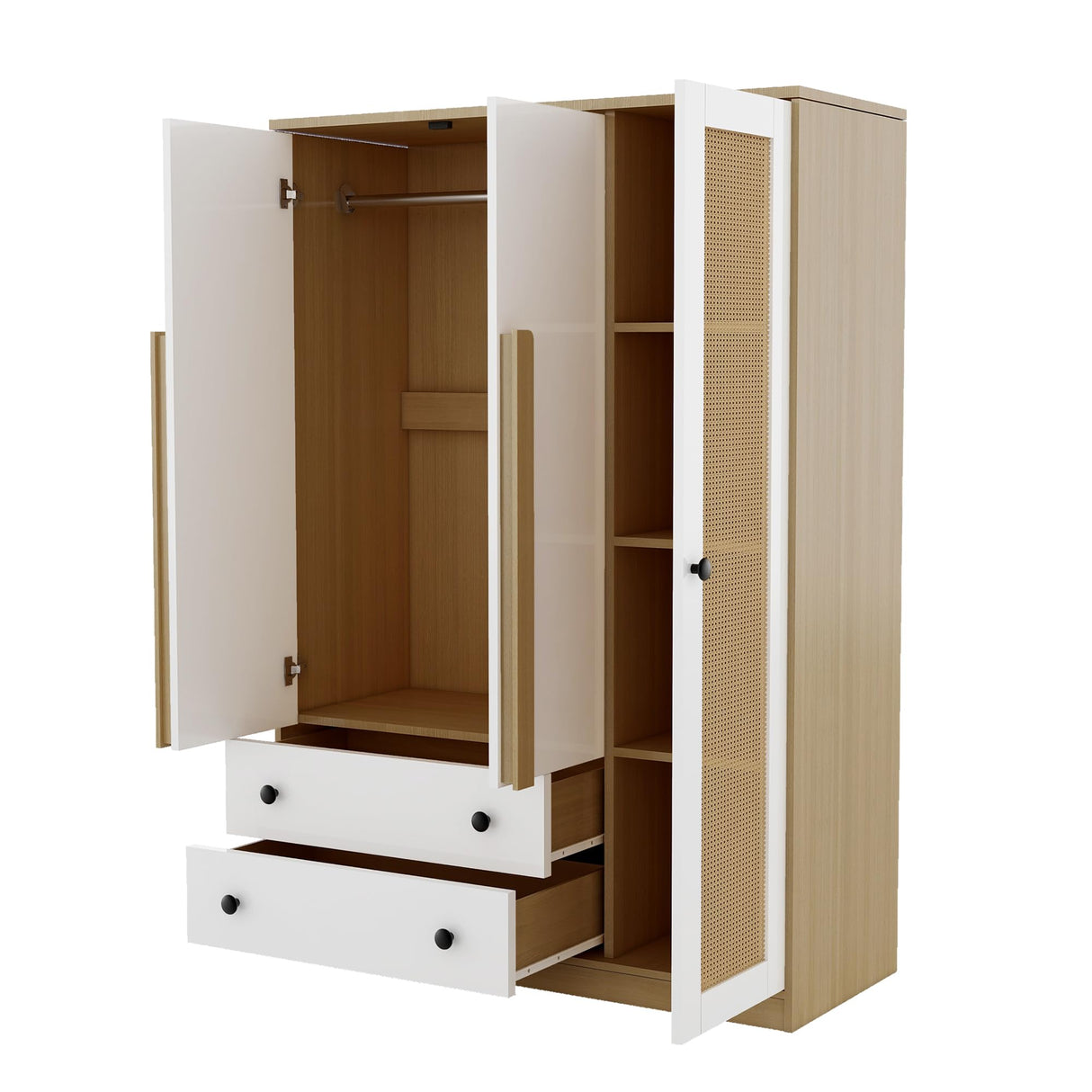 Merax 3-Doors Wooden Rattan Wardrobe Storage Shelves and Hanging Rail for Clothes for Bedroom, with 2 Drawers, White+Nature Merax