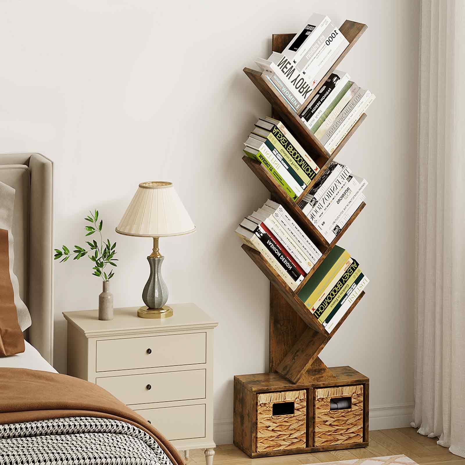 Vagusicc 6-Tier Retro Tree Bookshelf with Baskets - Elegant Floor Standing Bookcase for Home and Office Storage - WoodArtSupply