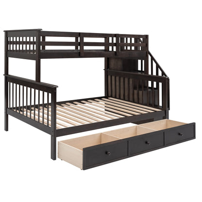 Espresso Twin Over Full Bunk Bed with Storage Drawers and Safety Stairway by Harper & Bright Designs - WoodArtSupply