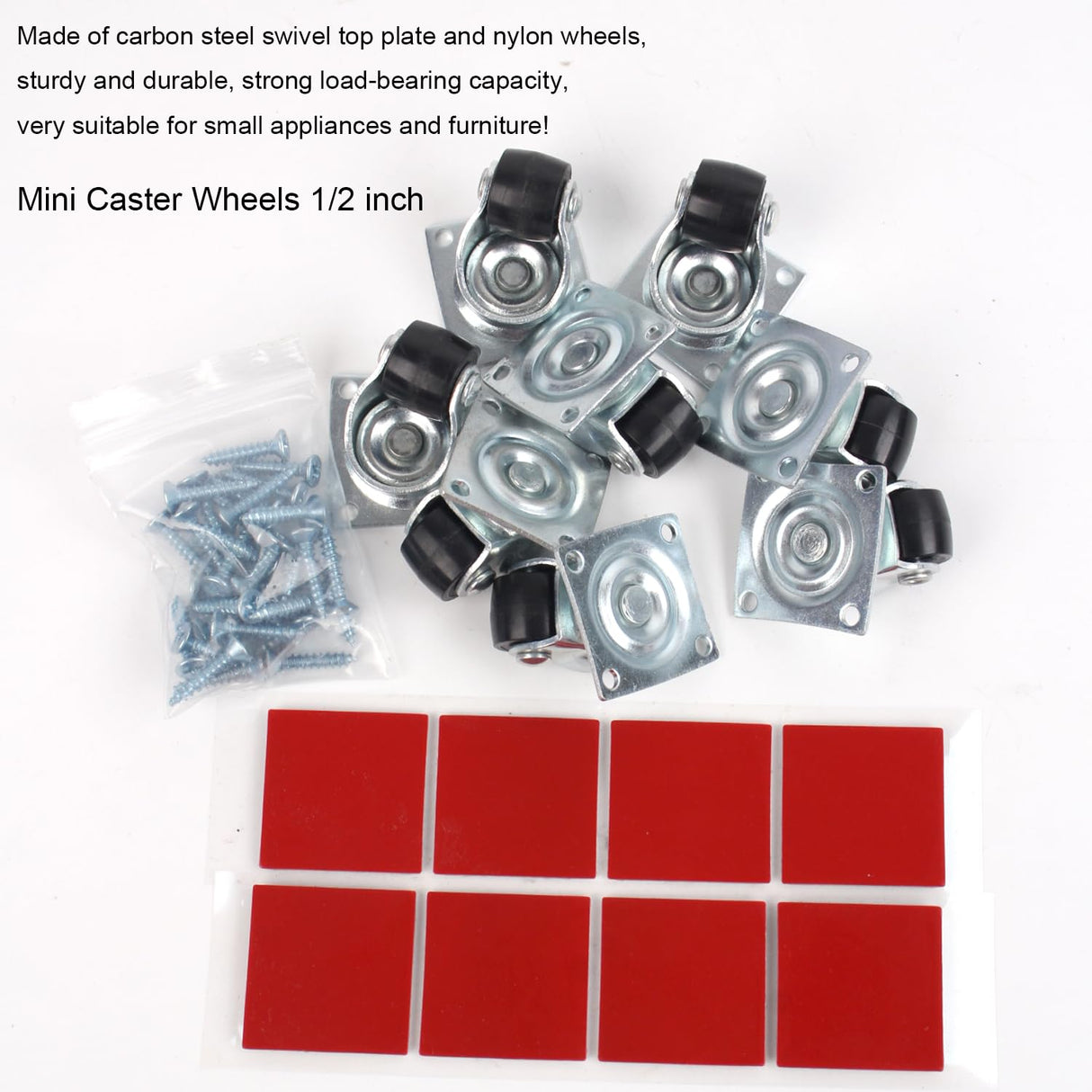 Luxinika Mini Caster Wheels 0.5 Inch Low Profile Swivel Small Casters, Steel Top Plate, Self Adhesive Little Nylon Rolling Wheels for Furniture, Small Appliances, Toy Cart Storage Box & Bins 8 Pack Luxinika