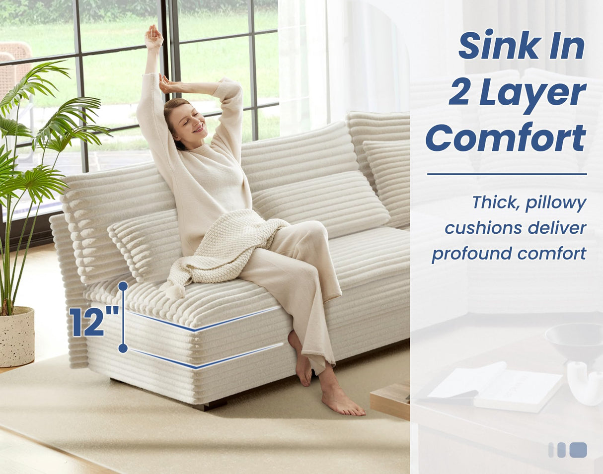 5-Seater Sectional Couch, 102" L-Shaped Corner Sofa, Oversized Corduroy Cloud Couch with 2-Layer Cushions for Living Room, Aparment (White) SUNWAVE