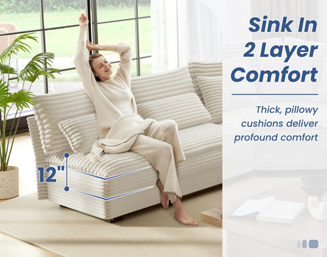 5-Seater Sectional Couch, 102" L-Shaped Corner Sofa, Oversized Corduroy Cloud Couch with 2-Layer Cushions for Living Room, Aparment (White) SUNWAVE
