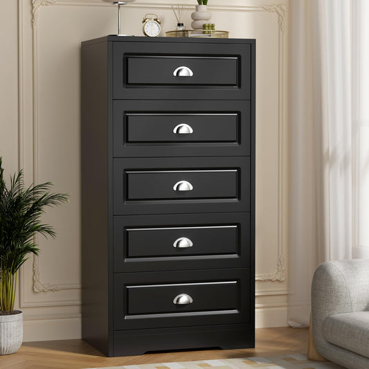 Shintenchi Black Tall Dresser for Bedroom, 5 Drawer Narrow Nightstand, Chest of Drawers Vertical Wooden Dresser with Metal Handle, Living Room Storage Organizer, Black and Silver