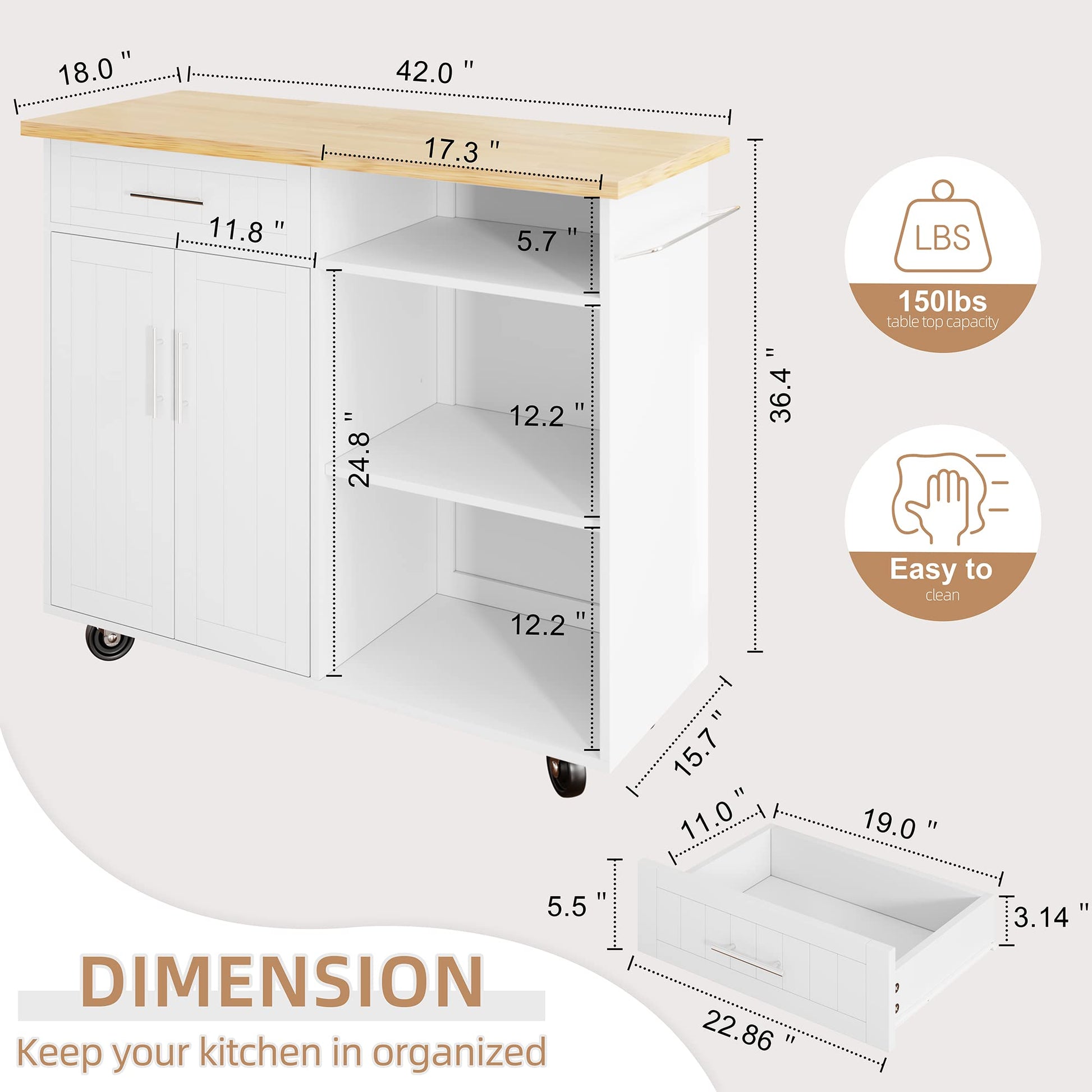 Shintenchi Kitchen Island Cart with Storage,Rolling Kitchen Island Side Table on Wheels with Large Worktop,Storage Cabinet,Towel Rack and Drawers for Kitchen,Dinning Room,White - WoodArtSupply