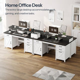 HOOBRO Farmhouse Executive Desk with Drawers, 63" Large Farmhouse Desk with Power Outlet & LED Light, Office Desk with Drawers, Computer Desk with File Cabinet, Writing Desk with Monitor Stand, White HOOBRO