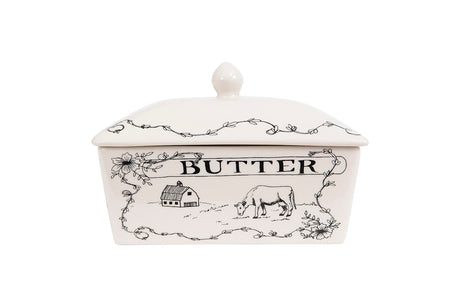 Creative Co-Op Country Stoneware Butter Dish with Lid, "Spread the Love" Message, and Farm Line Drawing, White and Black, Food, Microwave, and Dishwasher Safe Creative Co-Op
