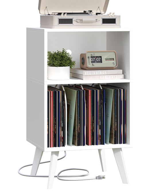 Yzosvki Record Player Stand with Charging Station for Vinyl Record Storage Display, Turntable Stand Up To 130 Albums, End Side Table Record Cabinet Shelf for Living Room, White