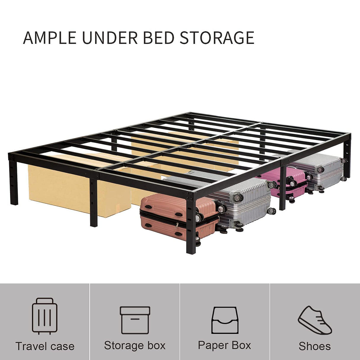 Wulanos Queen Size Bed Frame, 3500lbs Heavy Duty Metal Platform with Steel Slats Support, Sturdy and Noise-Free, 14 Inches High Bedframes with Ample Storage, No Box Spring Needed Wulanos
