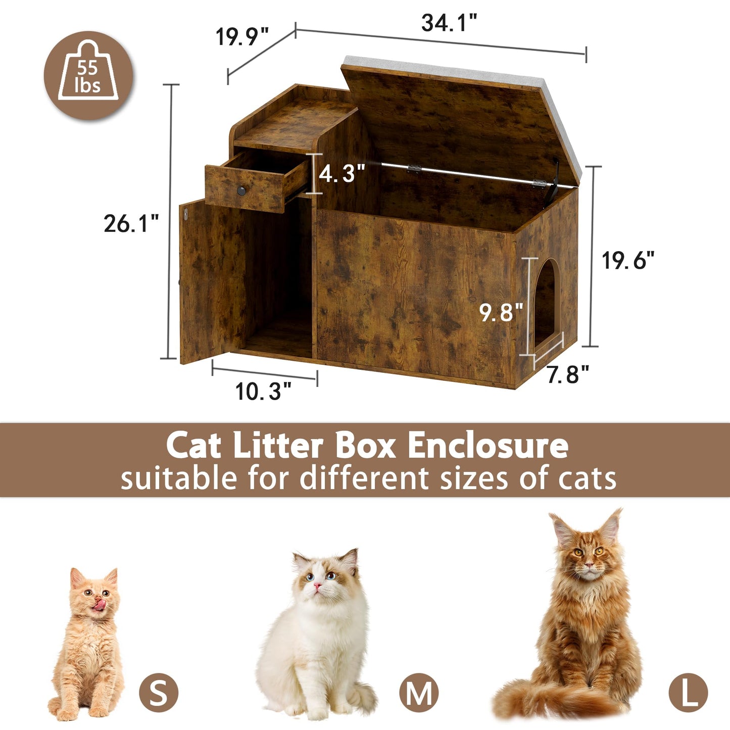Cat Litter Box Enclosure, 34" Litter Box Enclosure with Top Opening with Removable Cushion, Wooden Cat Washroom Hidden Litter Box Furniture House, Cat Litter Box Cabinet for All Cats (Antique Wood)