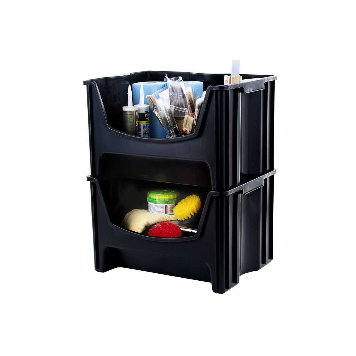 Mighty Tuff Jumbo Stackable Storage Bins, Pack of 3, Easy-Access Storage, Large Easy-To-Grip Handles, Wide Front Opening, Interlocking, Stack Vertically, Black Mighty Tuff