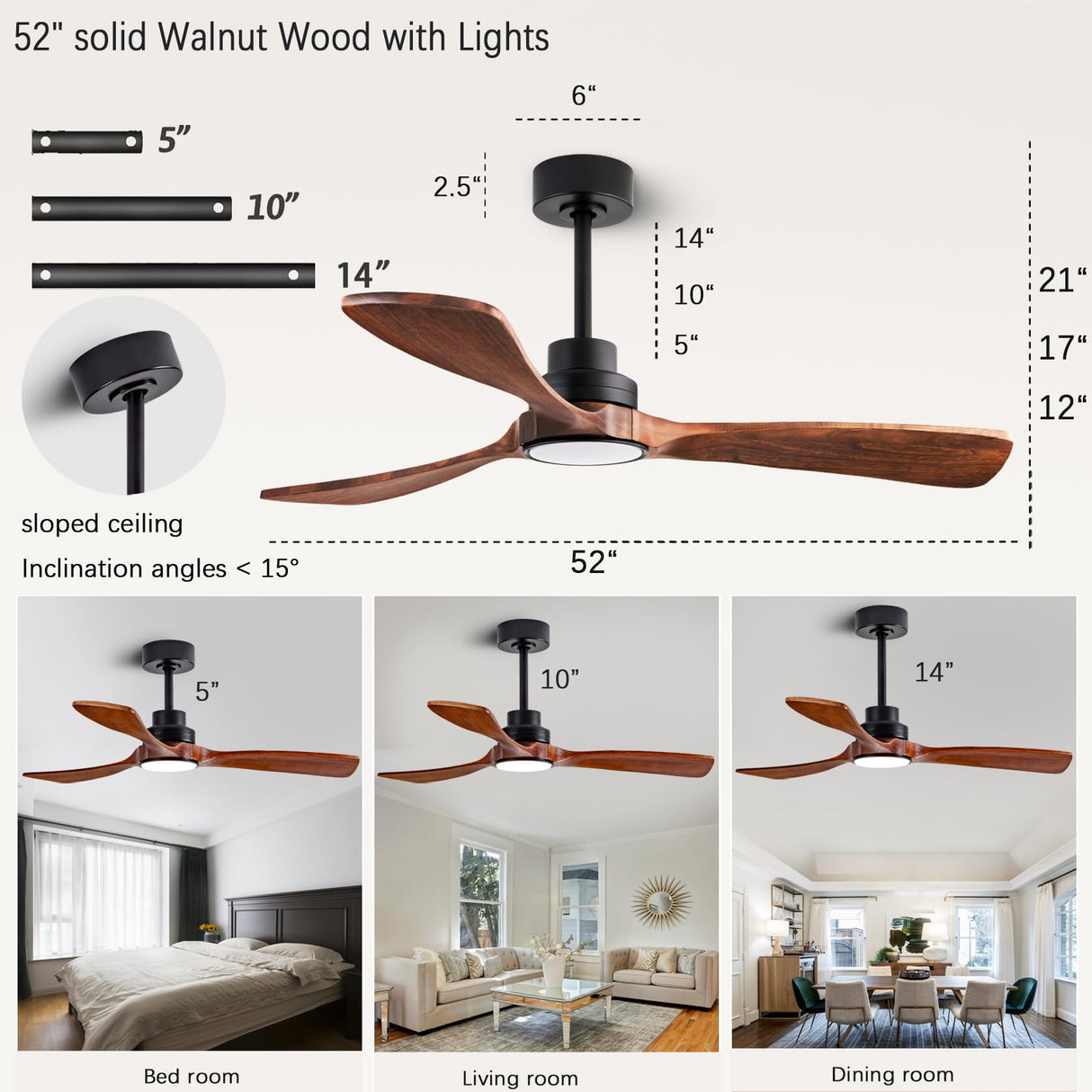 dearnow 52" Wood Ceiling fan, (with light with remote control) with 3 solid wood blades, wooden ceiling fan for indoor and outdoor use, suitable for living room, dining room, patio and more. dearnow