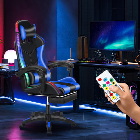 duwiikab Gaming Chair Massage with Bluetooth Speakers and RGB LED Lights, Ergonomic Video Game Chair with Footrest, Height Adjustable Computer Chair for Adults with Back Lumbar Support Blue duwiikab