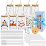 MAFYE Sublimation Glass Blanks With Bamboo Lid, 16OZ Clear Sublimation Beer Can Glass with Glass Straws Present Box Mason Jar Cups Mug Travel Tumbler for Beer, Juice, Soda, Iced Coffee, Drinks(8 PACK) MAFYE