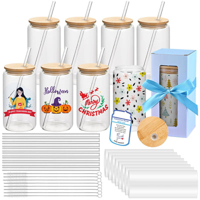 MAFYE Sublimation Glass Blanks With Bamboo Lid, 16OZ Clear Sublimation Beer Can Glass with Glass Straws Present Box Mason Jar Cups Mug Travel Tumbler for Beer, Juice, Soda, Iced Coffee, Drinks(8 PACK)