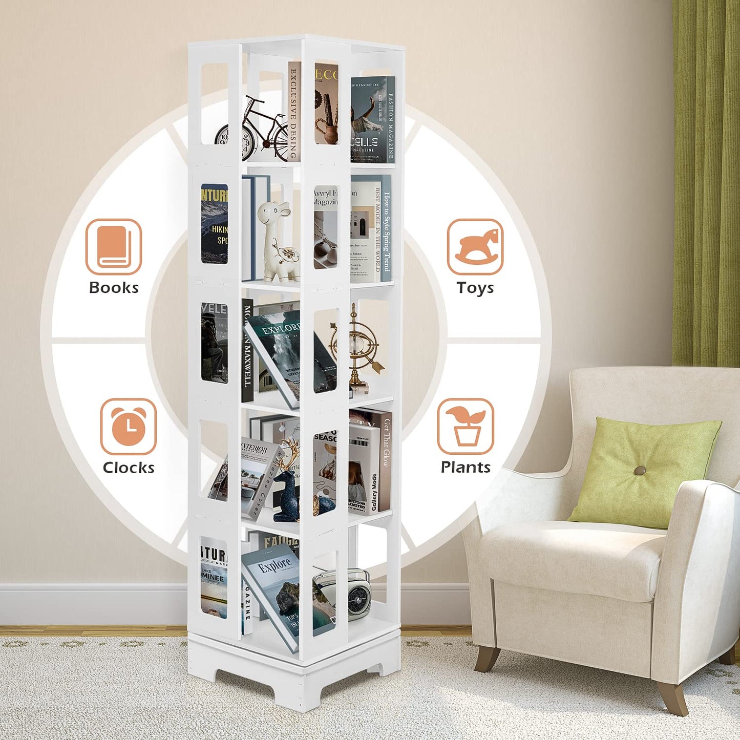 Foriy 5-Tier 360° Rotating White Bookshelf for Kids and Adults - Space-Saving Floor Standing Storage Solution - WoodArtSupply