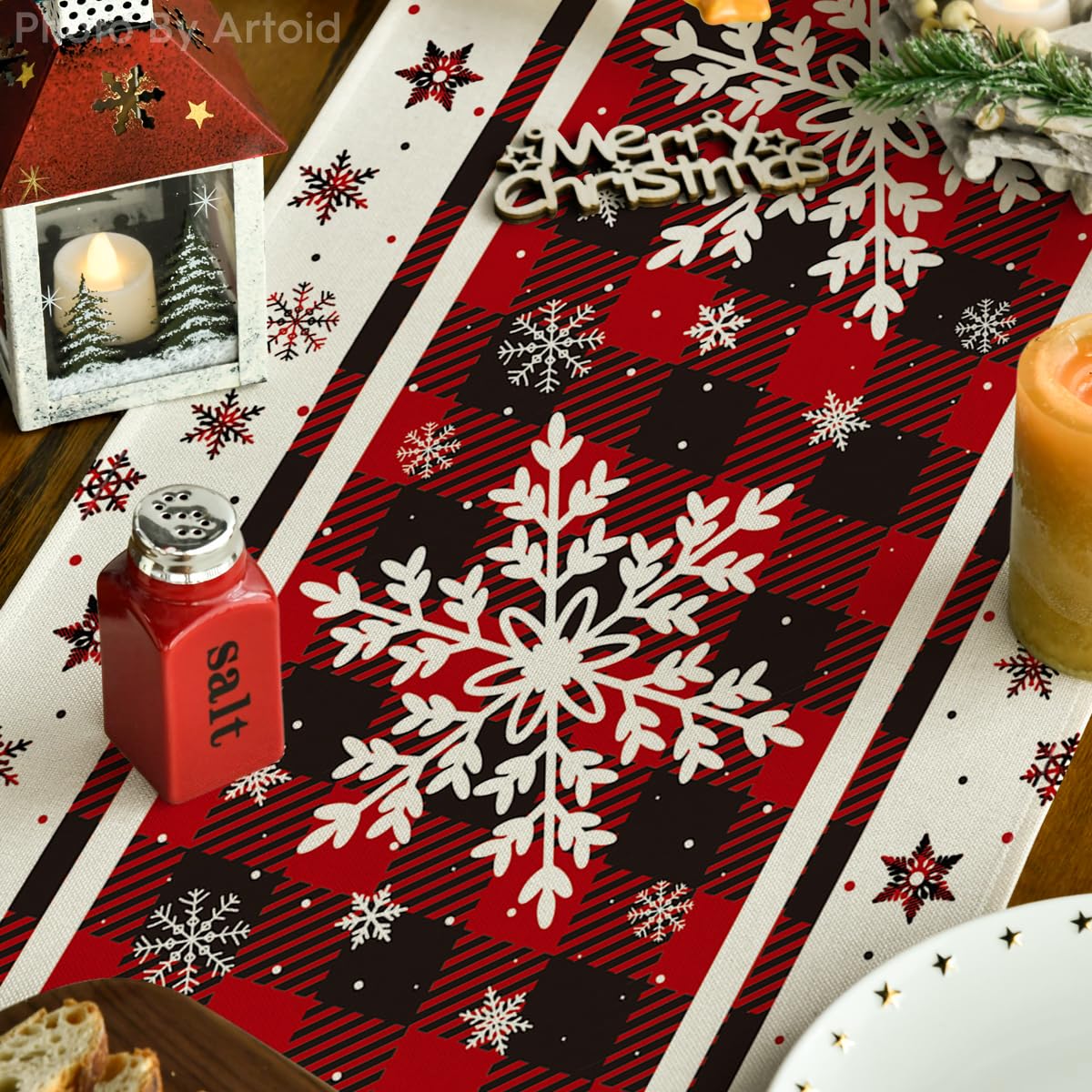 Artoid Mode Buffalo Plaid Snowflakes Christmas Table Runner, Seasonal Winter Kitchen Dining Table Decoration for Home Party Decor 13x72 Inch Artoid Mode