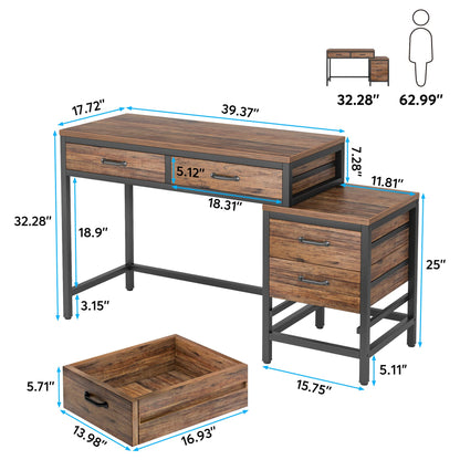 Tribesigns Computer Desk with 5 Drawers, Home Office Desks with Reversible Drawer Cabinet Printer Stand, Industrial PC Desk with Storage, Rustic Study Writing Table Workstation for Small Spac - WoodArtSupply