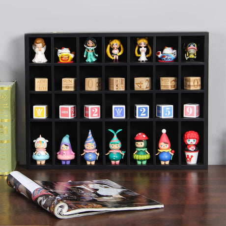 ARRAWIS Black Shot Glass Display Case 18" x13" Solid Wood Wall Mounted Collection Cabinet 28 Slots Small Curio Cabinet Rack (No Door) ARRAWIS