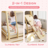 Costzon Twin Over Queen Bunk Bed, House Shaped Bed Frame with Climbing Nets and Ramp, Safety Guardrail, No Box Spring Needed, Wooden Kids Bed for Boys Girls (Natural, Twin Over Queen) Costzon