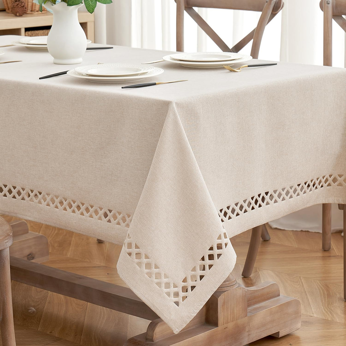 MIULEE Natural Thick Polyester Linen Rectangle Tablecloth with Decorative Cutouts Waterproof Stain and Wrinkle Resistant Table Cloth Farmhouse Table Cover for Thanksgiving Dining Party, 55 x 120 inch MIULEE