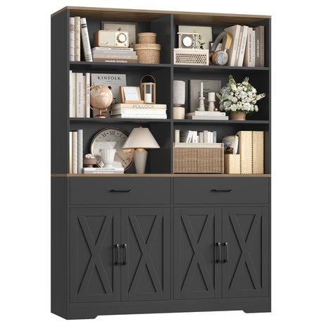 HOSTACK 69" Tall Book Shelf and Bookcase, Wooden Bookcase with Doors, Large Bookshelf with Drawers, Farmhouse Book Case with Storage Cabinet, Bookshelves with Display Shelves for Home Office, Black HOSTACK