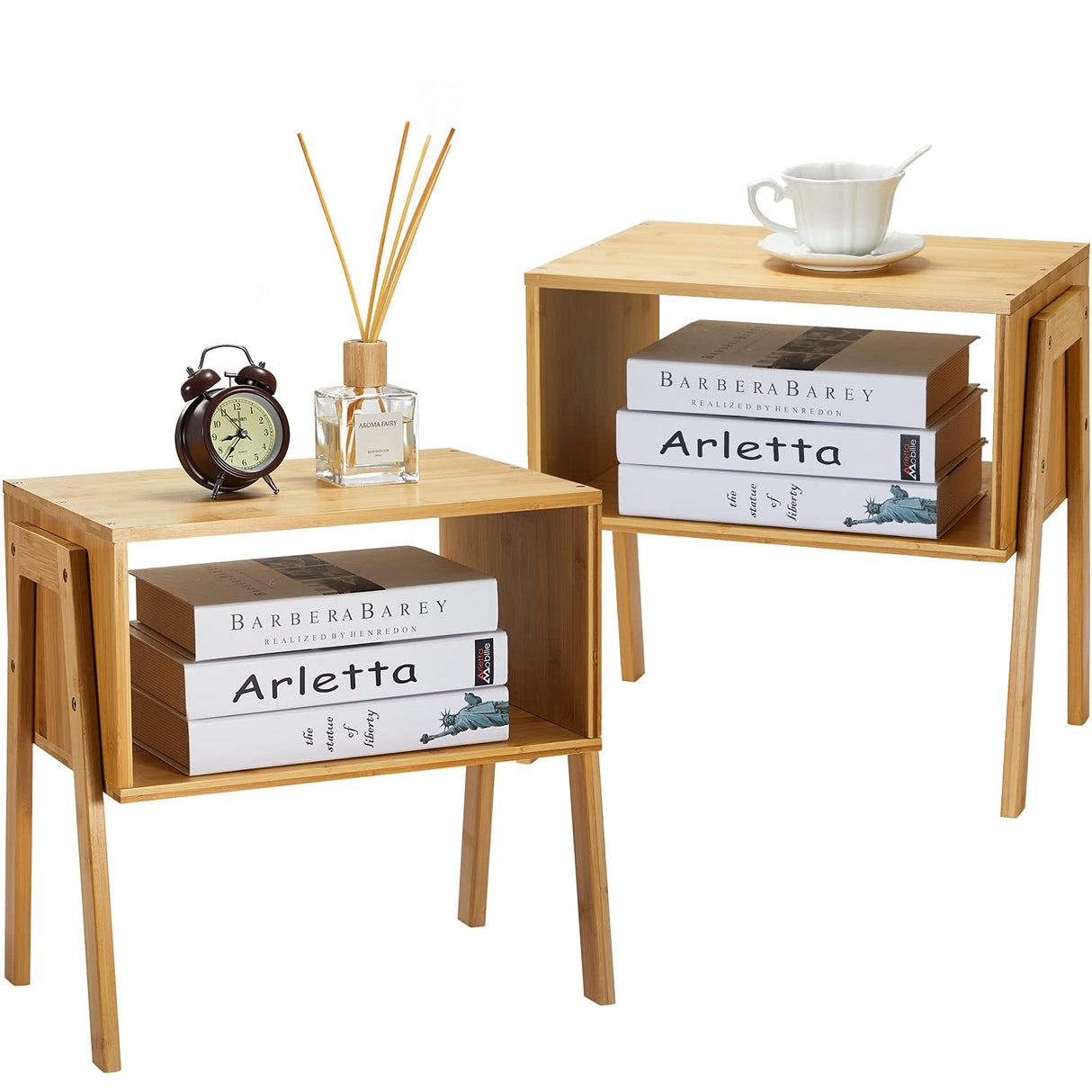 Pipishell Bamboo Stackable End Tables, Wood Living Room Nightstand, Bedside Tables for Bedroom Storage, 2PCS Pipishell
