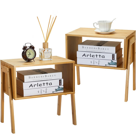 Pipishell Bamboo Stackable End Tables, Wood Living Room Nightstand, Bedside Tables for Bedroom Storage, 2PCS Pipishell
