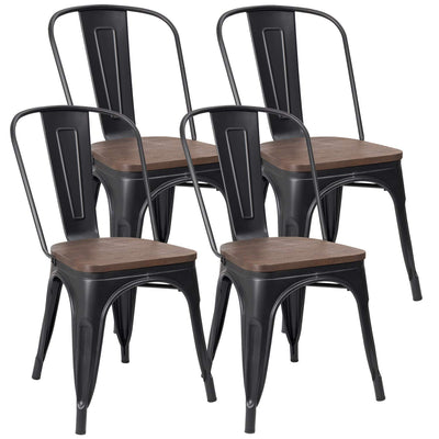 JUMMICO Metal Dining Chair Stackable Industrial Vintage Kitchen Chairs Indoor-Outdoor Bistro Cafe Side Chairs with Back and Wooden Seat Set of 4 (Black)