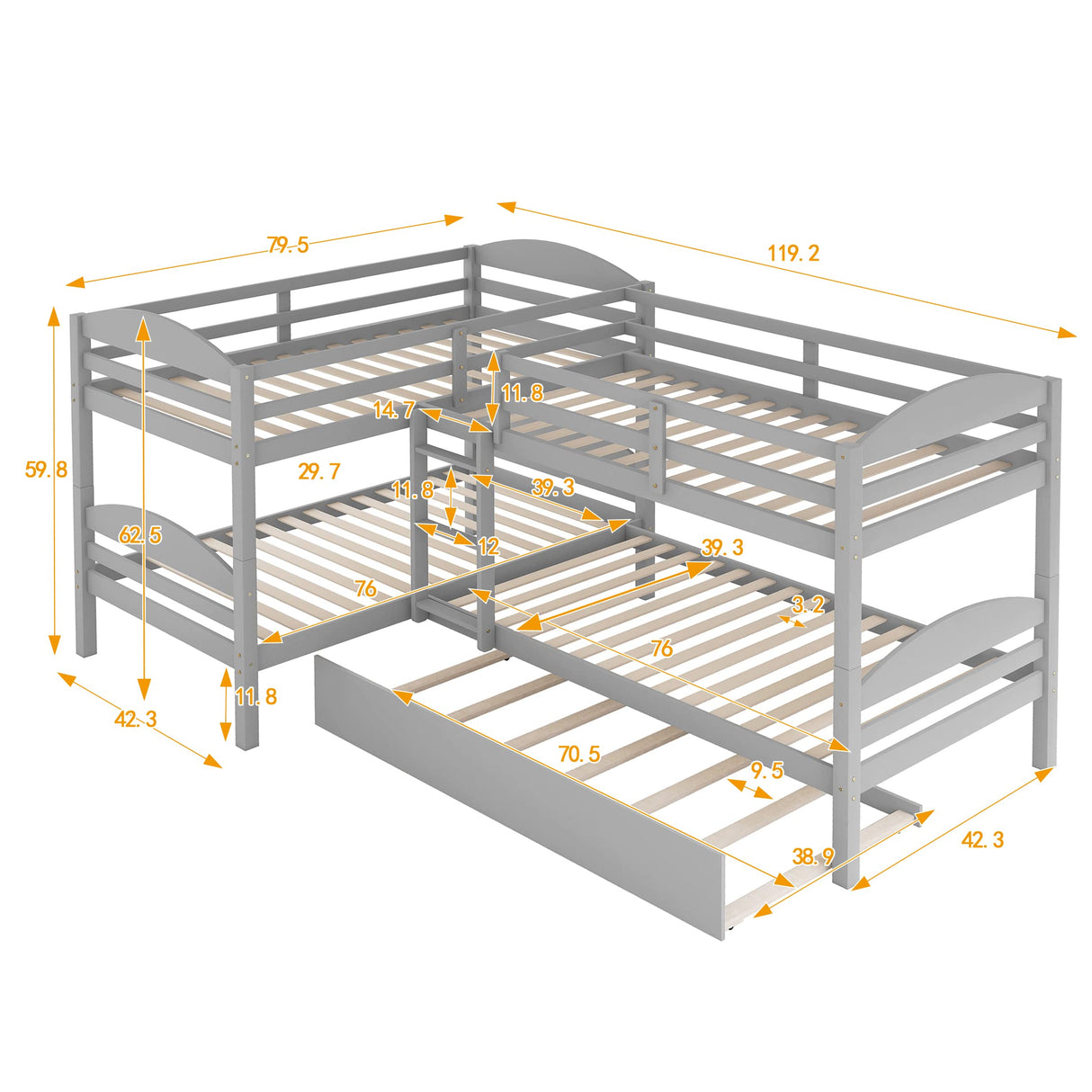 CITYLIGHT Twin-Over-Twin Quad Bunk Beds for 4, L-Shaped Bunk Bed with Trundle, Corner 4 Bunk Beds for Kids, Teens, Gray CITYLIGHT