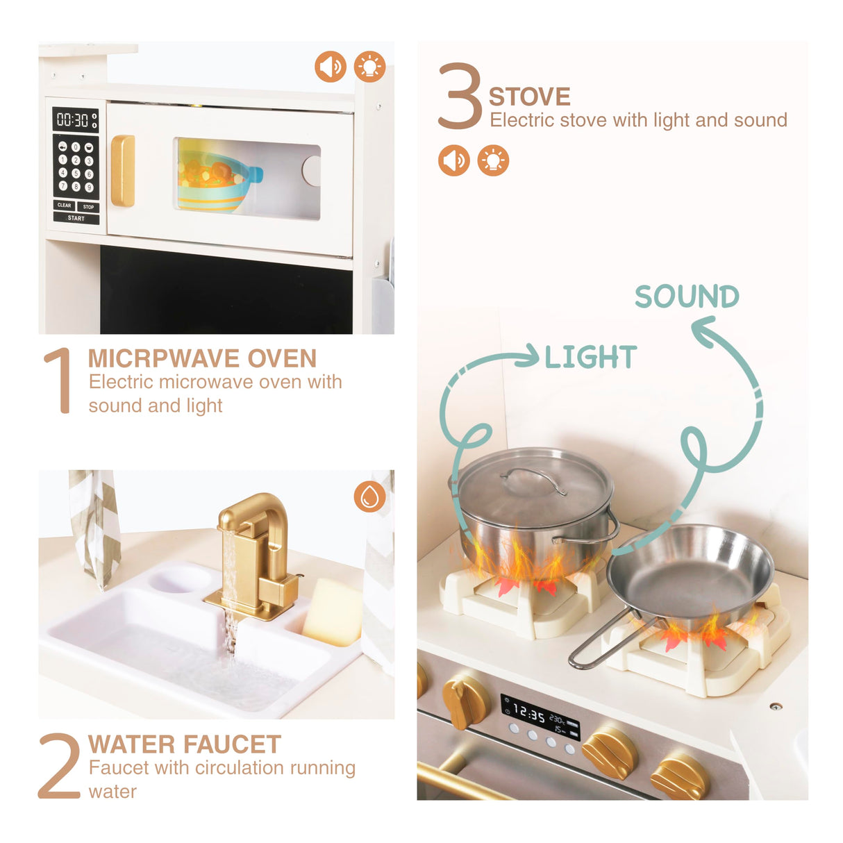 Large Wooden Corner Play Kitchen Sets with Ice Maker,Water Dispenser,Bread Maker,Washing Machine,Electronic Display,Toy Sink with Running Water,Stove with Light&Sounds, Birthday Gift for 3+Boys Girls Buoyantkids