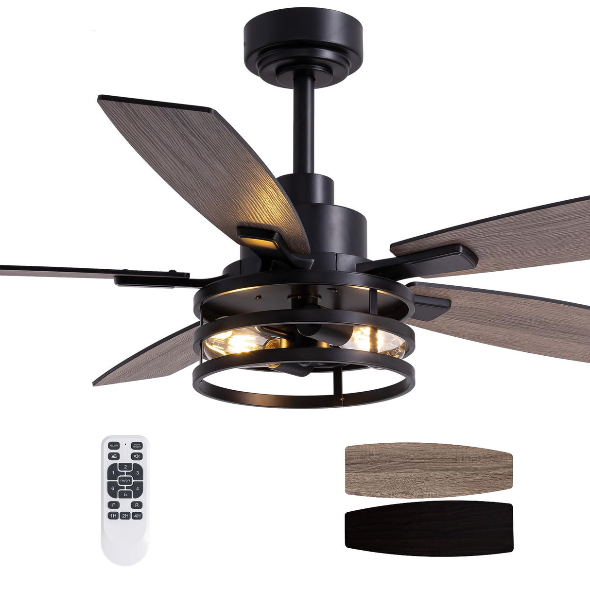 52 Inch Ceiling Fans with Lights and Remote Control, Farmhouse Ceiling Fan for Bedroom Living Room and Patio, Black Caged Ceiling Fan for Indoor and Outdoor LuminFan
