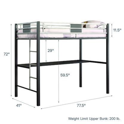 DHP Silver Twin Metal Loft Bunk Bed with Desk and Ladder, Ideal Space-Saving Design