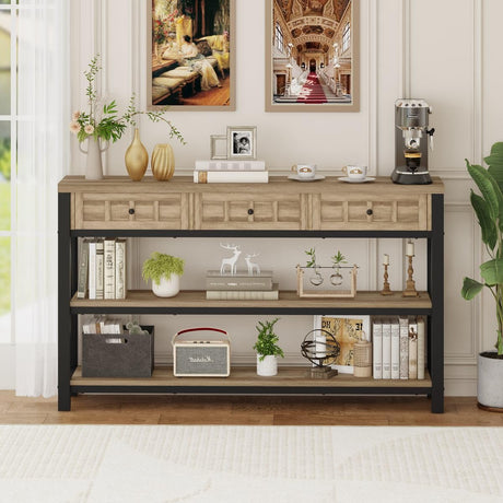 FATORRI Rustic Oak Industrial Console Table with 3 Drawers and Ample Storage FATORRI