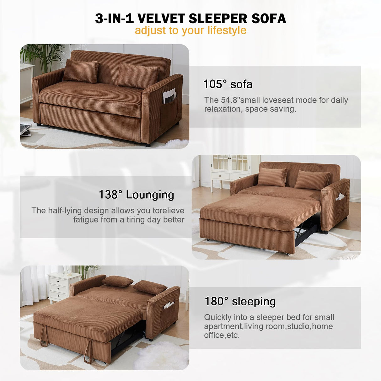 ECHINGLE Sleeper Sofa with Pull Out Sofa Bed,Corduroy Futon Sofa Bed with 3 Level Adjustable Backrest & Storage Pockets and 2 Toss Pillows,Modern Couch Bed for Living Room,Bedroom（Brown） ECHINGLE