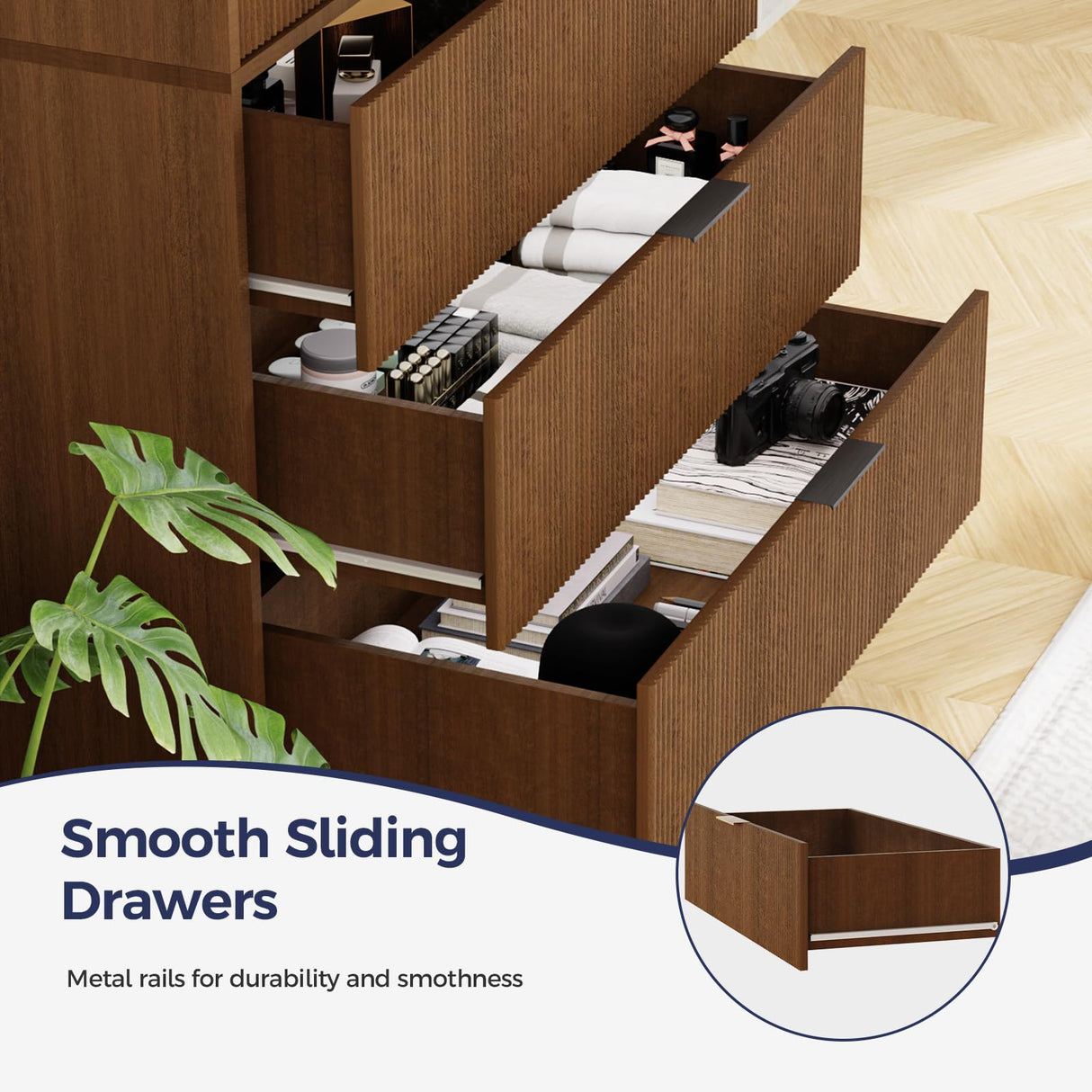 FONTOI Storage Cabinet, Kitchen Pantry Storage Cabinet with 3 Drawers 2 Doors, Wood Cupboard with Adjustable Shelves & Fluted Panel Design, Tall Home Storage for Living Room, Kitchen, Walnut FONTOI