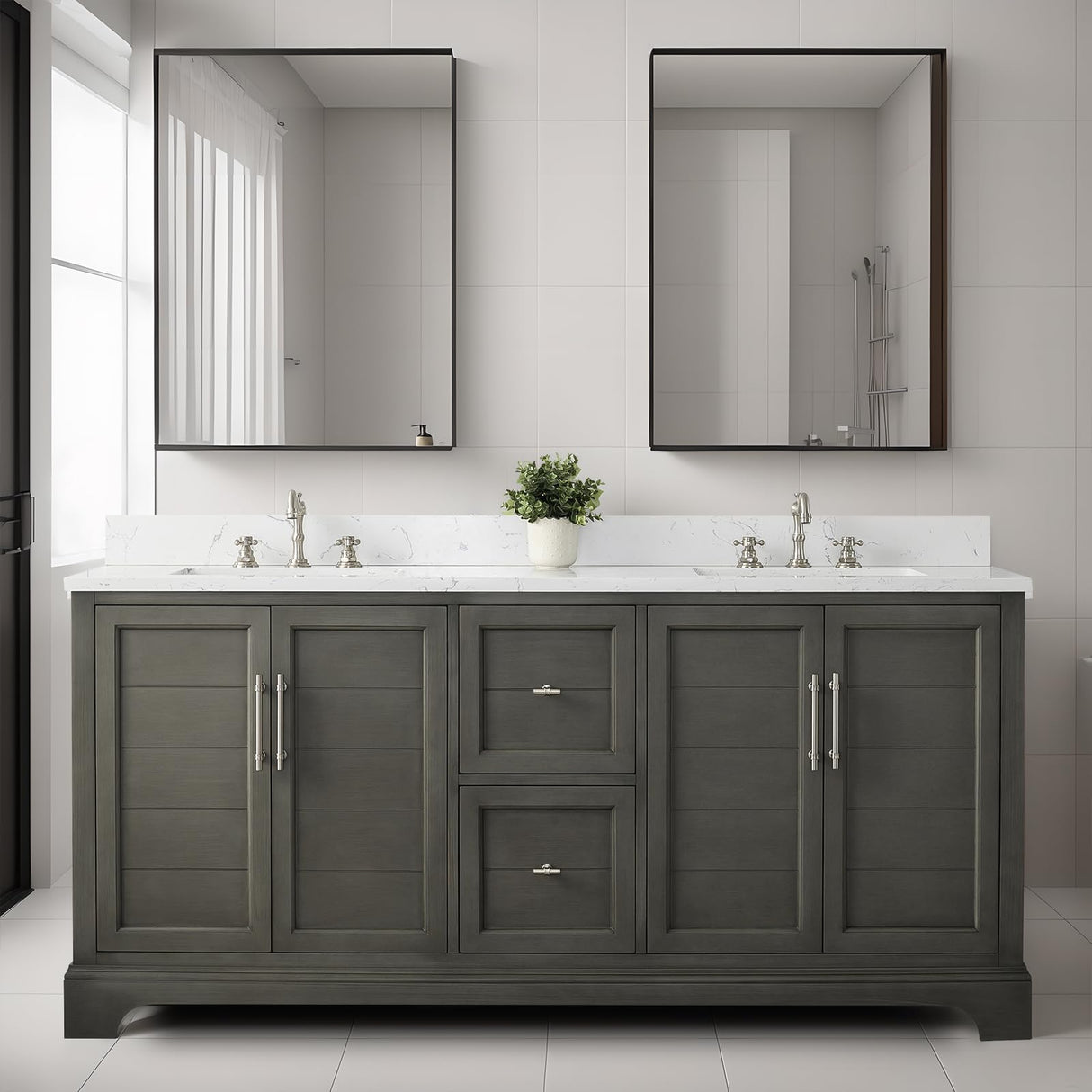 HOMEBEYOND 72 Inch Bathroom Vanity with Double Sink & Ceramic Top, Vanity Cabinet with Center Countertop Basin, Soft-Closing Doors, Backsplash, Sliver Grey HOMEBEYOND