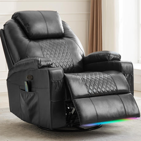DUNELLA Power Swivel Rocker Recliner Chair for Adults with Heat and Massage, LED Lights, USB and Type-C Ports, Electric Glider Recliner Nursery Chair for Living Room(Black, Single Sofa) DUNELLA