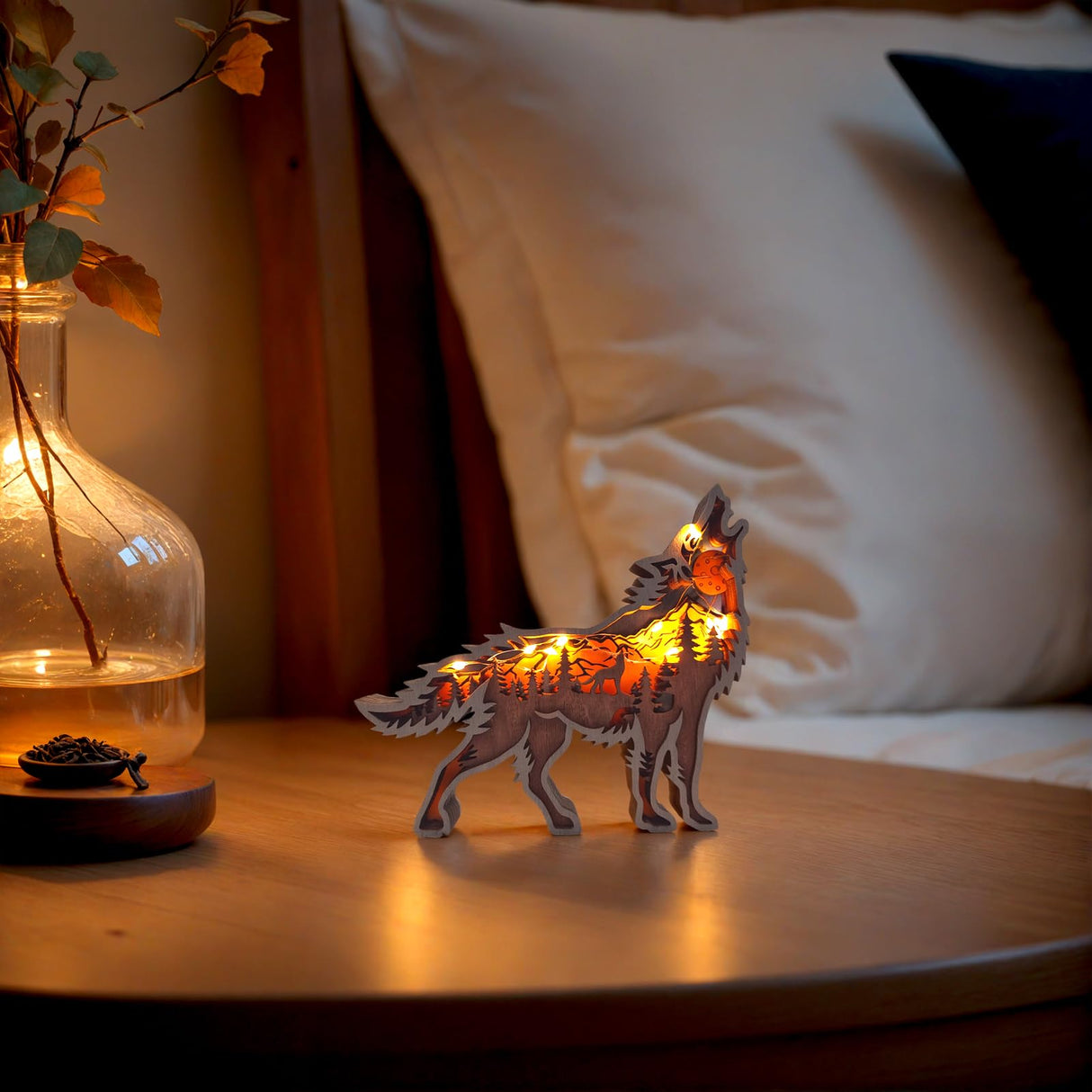 3D Wood Carving Animals Lamp Home Decorative, Cute Bear Family Elephant Presents Ideas Christmas Living Room Office Decor Warm LED Night Lights Gift for Friend Daughter Son Mom Dad (Wolf) Drawelry